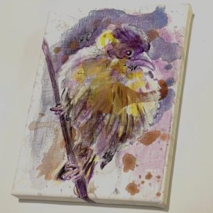 Schilderij Joepe Bos paars gele vogel 2020 zijaanzicht