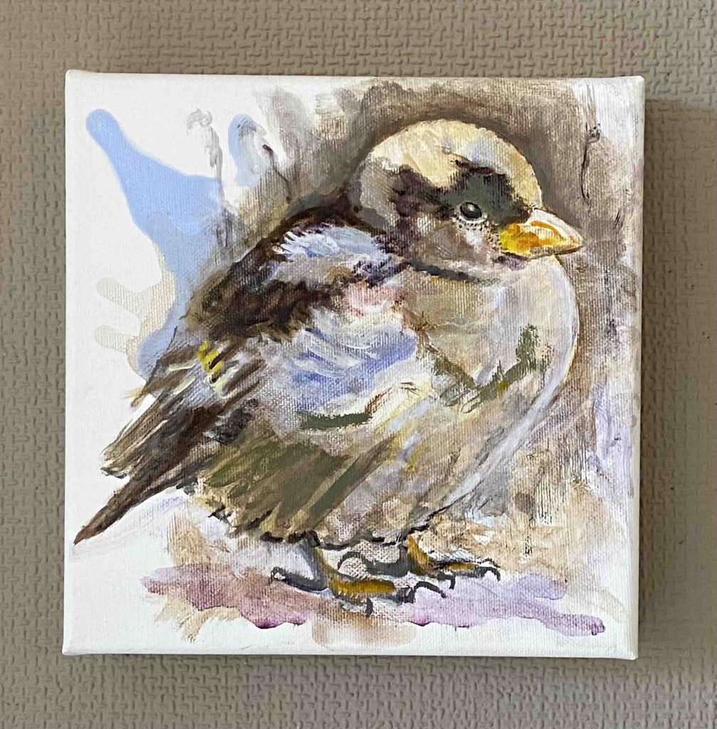 Kleine vogel 2023-20x20cm, acrylverf op linnen € 160,- gratis verzending