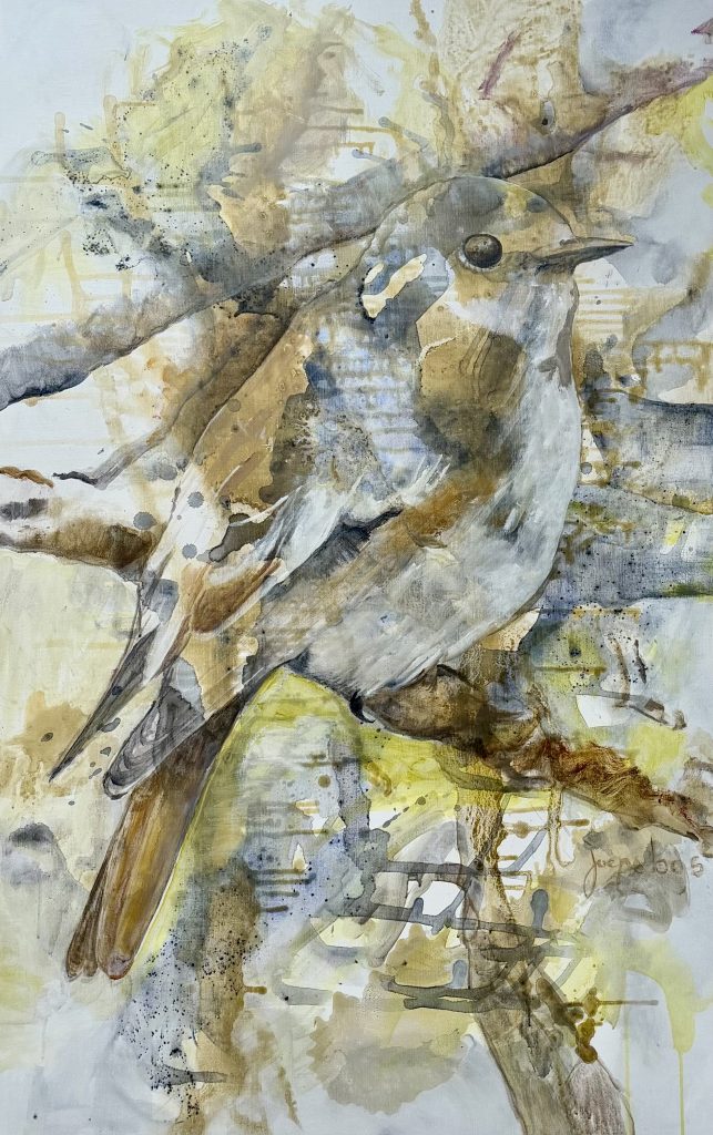 Avondzanger - nachtegaal 2026, acrylverf op linnen, 140 x 90 cm.